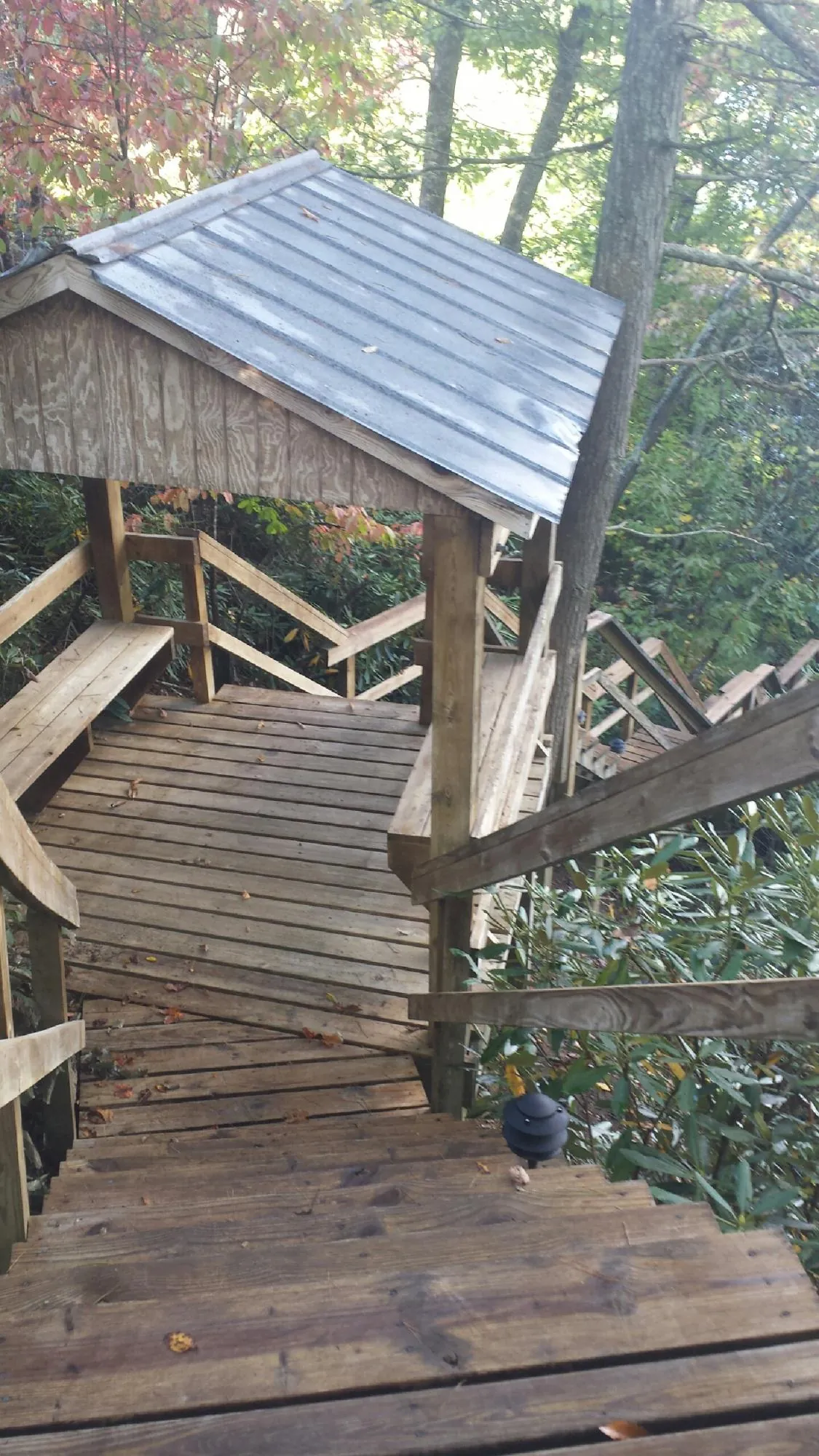 Metal roofed shelter over wooden steps on a wooded walkway — Skylight Repair & Installation work by our crew in Chilo